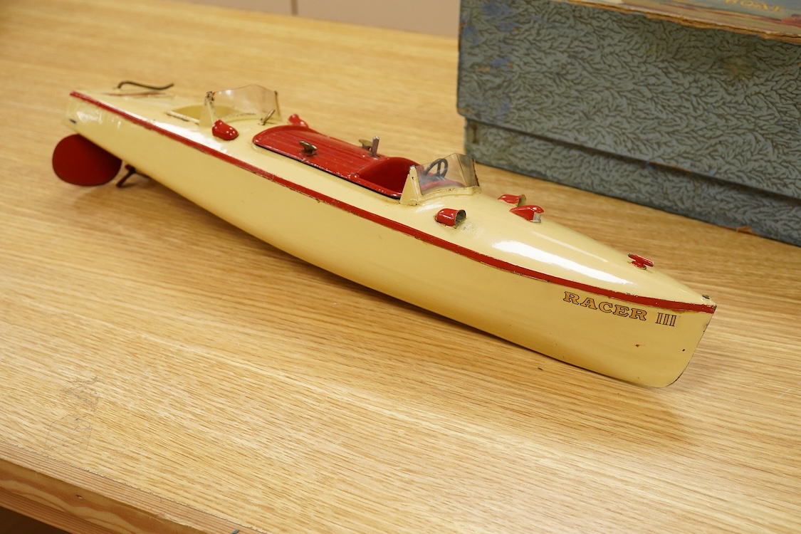 A boxed Hornby tinplate clockwork Speed Boat No.3, Racer III, with original instruction leaflet